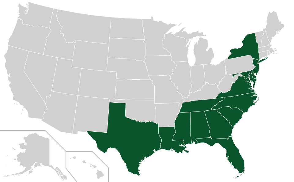 Coverage map for American Holly in the US