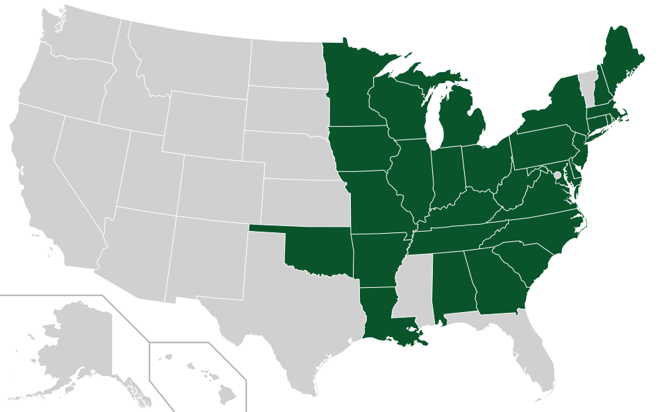 Coverage map for American Hornbeam in the US