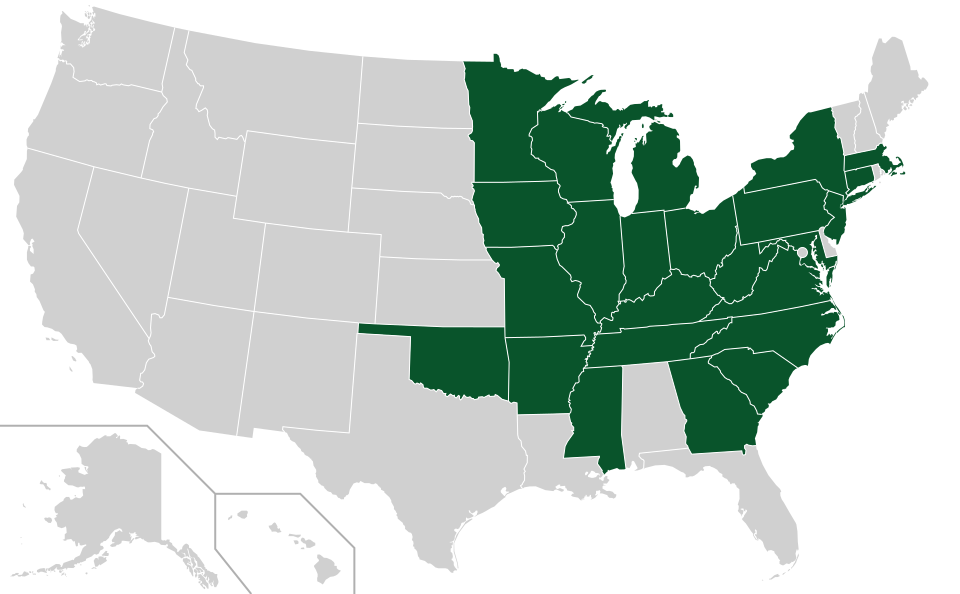 Coverage map for Bitternut Hickory in the US