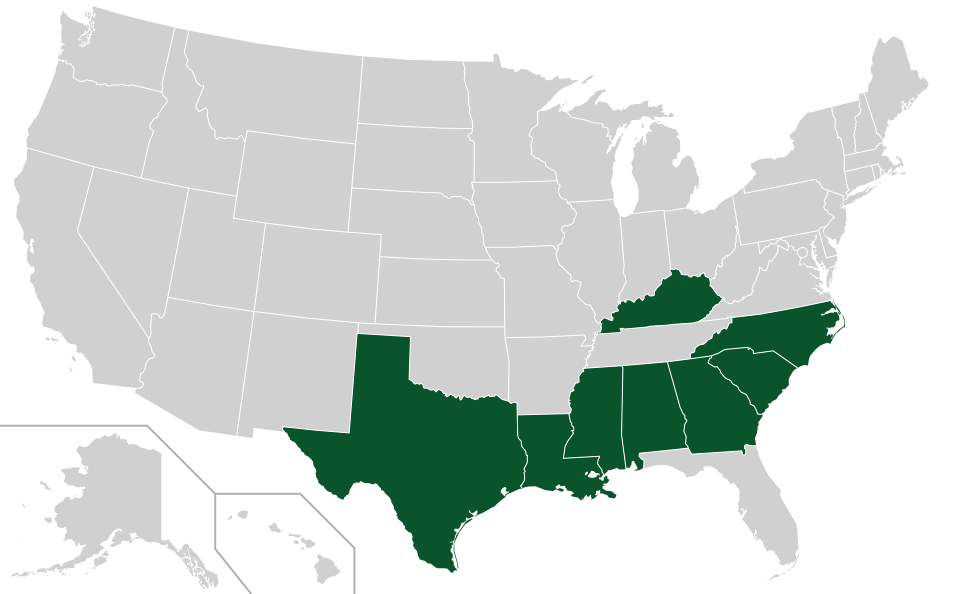 Coverage map for Cherrybark Oak in the US