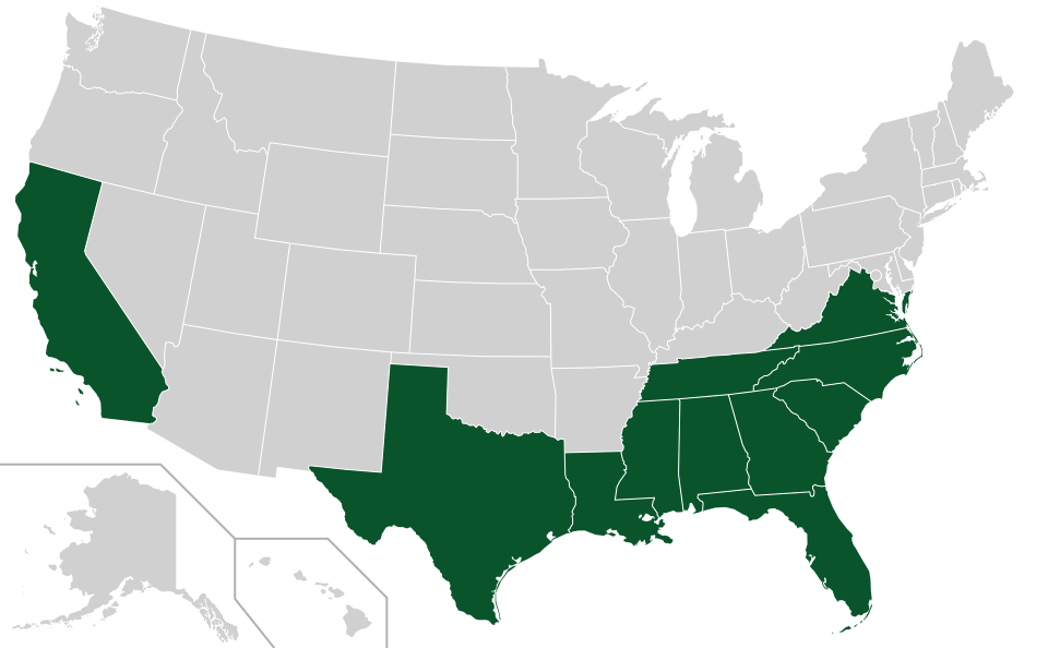 Coverage map for Live Oak in the US