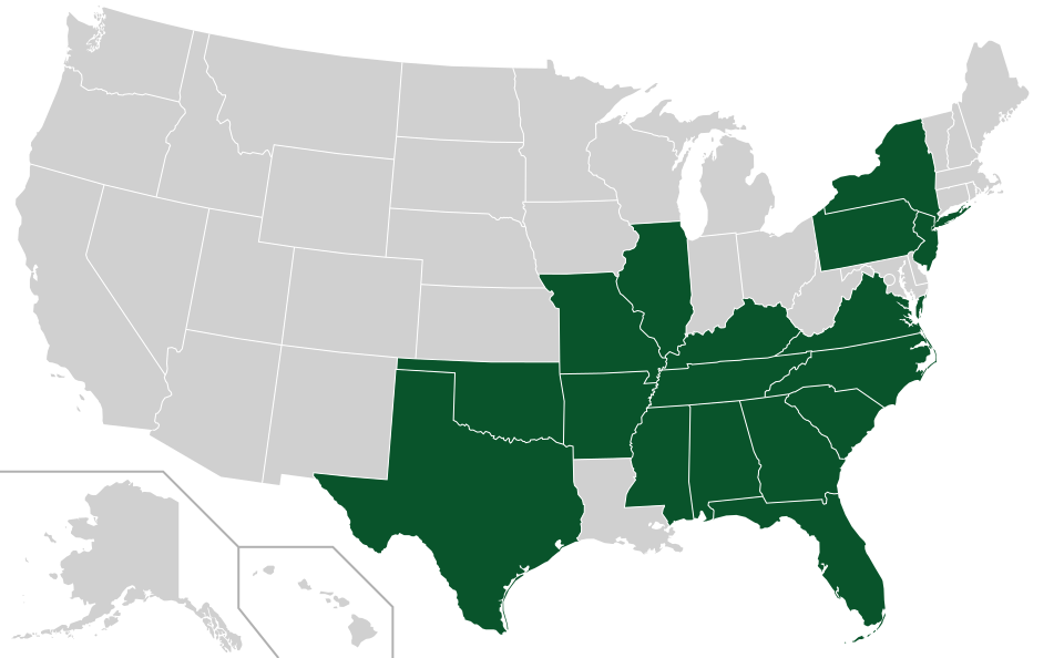 Coverage map for Mockernut Hickory in the US