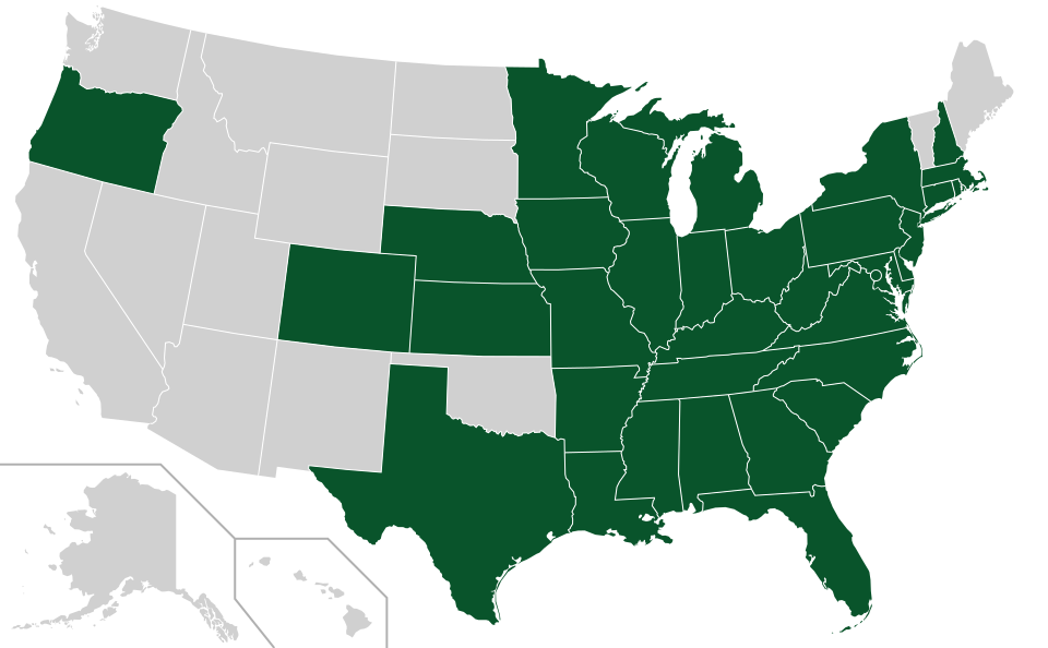 Coverage map for Pin Oak in the US