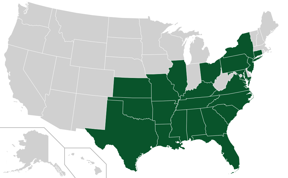 Coverage map for Red Mulberry in the US