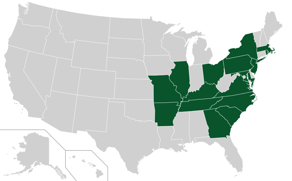 Coverage map for Scarlet Oak in the US