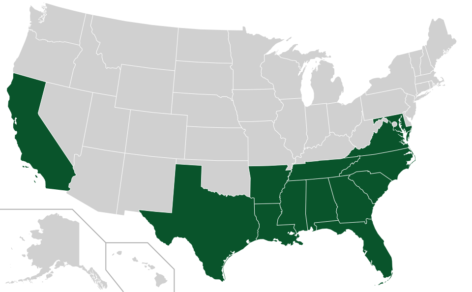 Coverage map for Southern Magnolia in the US