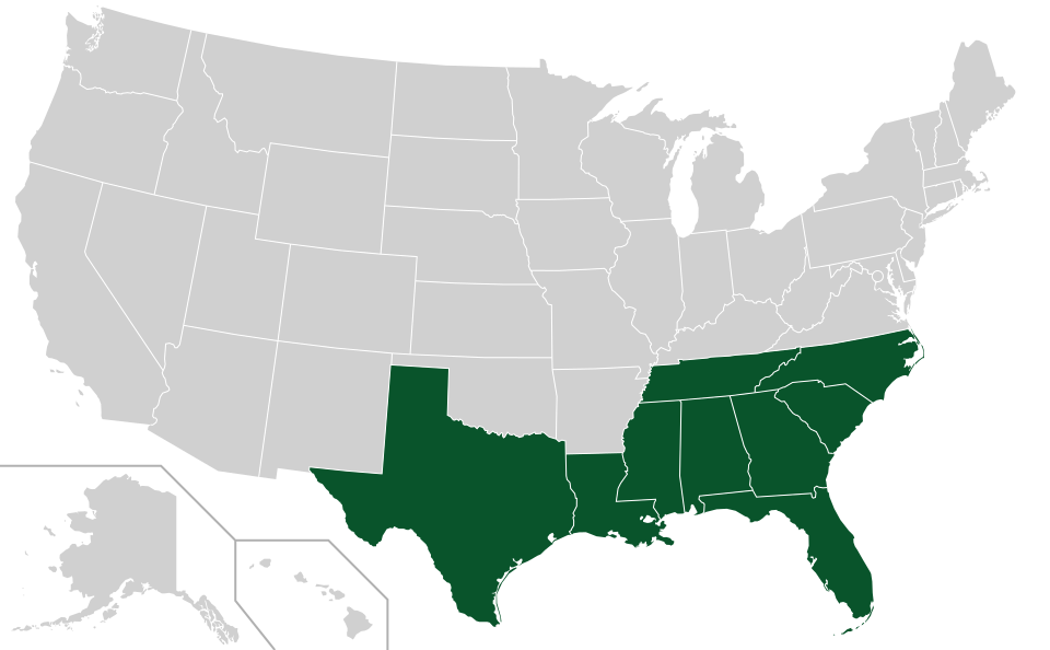 Coverage map for Yaupon Holly in the US